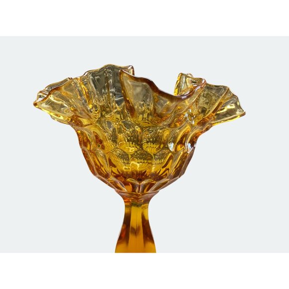 Amber Compote Ruffled Edge Glass Pedestal Vase With Textured Pattern - Picture 4 of 5